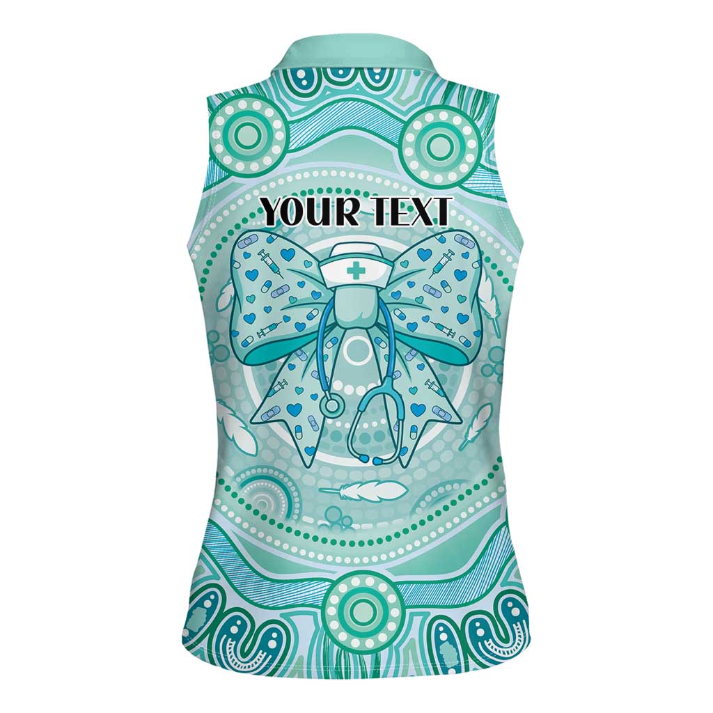 Aussie Nurse Personalised Women Sleeveless Polo Shirt Turquoise Stethoscope Coquette Bow Aboriginal Dot Art