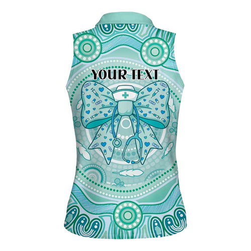 Aussie Nurse Personalised Women Sleeveless Polo Shirt Turquoise Stethoscope Coquette Bow Aboriginal Dot Art