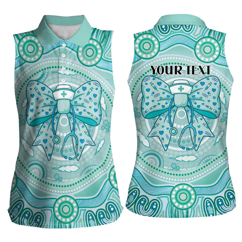 Aussie Nurse Personalised Women Sleeveless Polo Shirt Turquoise Stethoscope Coquette Bow Aboriginal Dot Art