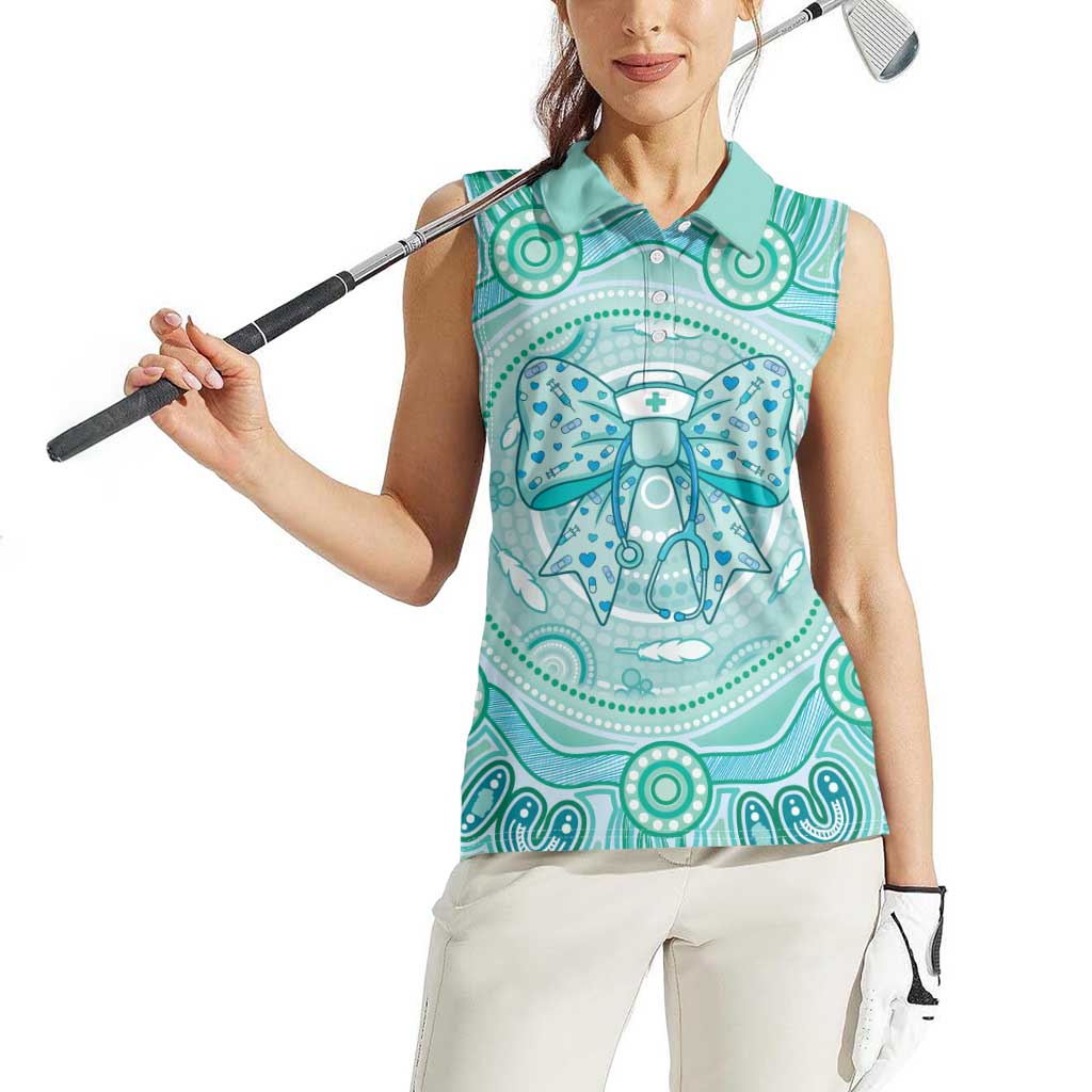 Aussie Nurse Personalised Women Sleeveless Polo Shirt Turquoise Stethoscope Coquette Bow Aboriginal Dot Art