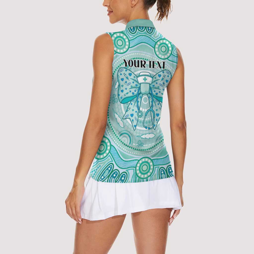 Aussie Nurse Personalised Women Sleeveless Polo Shirt Turquoise Stethoscope Coquette Bow Aboriginal Dot Art