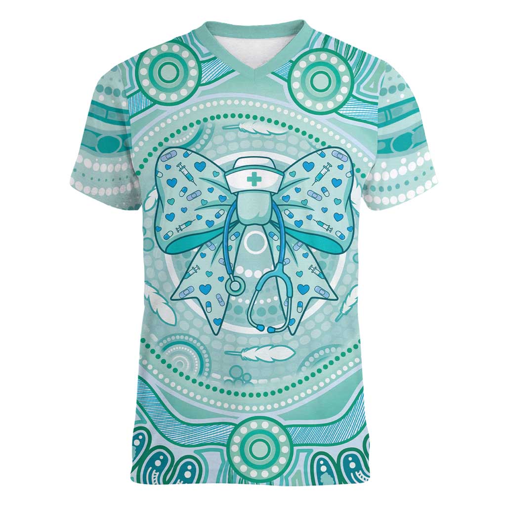 Aussie Nurse Personalised Women V-Neck T-Shirt Turquoise Stethoscope Coquette Bow Aboriginal Dot Art