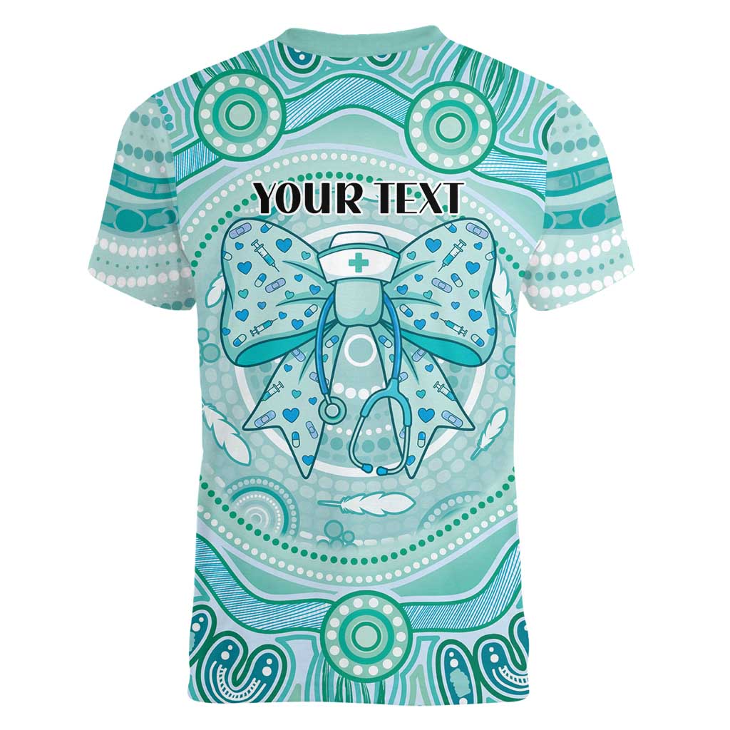 Aussie Nurse Personalised Women V-Neck T-Shirt Turquoise Stethoscope Coquette Bow Aboriginal Dot Art