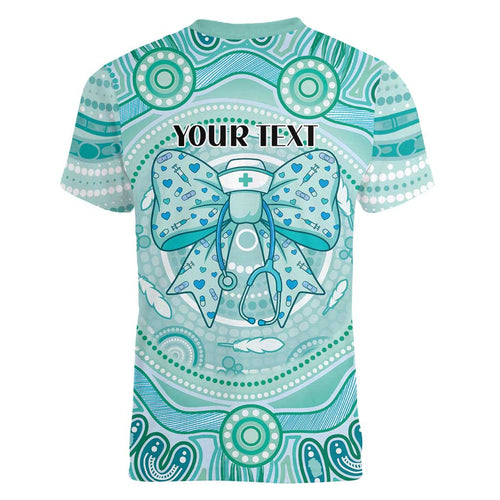 Aussie Nurse Personalised Women V-Neck T-Shirt Turquoise Stethoscope Coquette Bow Aboriginal Dot Art