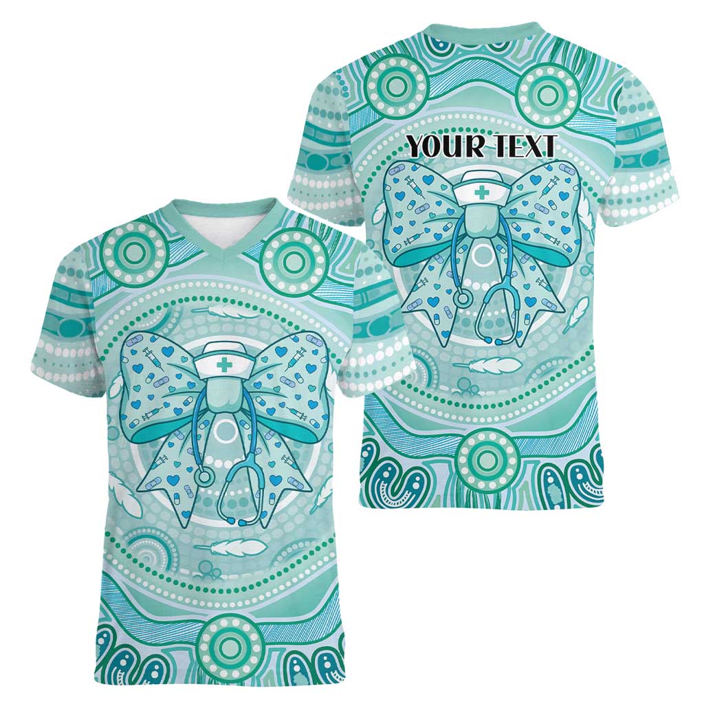 Aussie Nurse Personalised Women V-Neck T-Shirt Turquoise Stethoscope Coquette Bow Aboriginal Dot Art