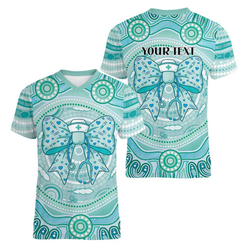Aussie Nurse Personalised Women V-Neck T-Shirt Turquoise Stethoscope Coquette Bow Aboriginal Dot Art
