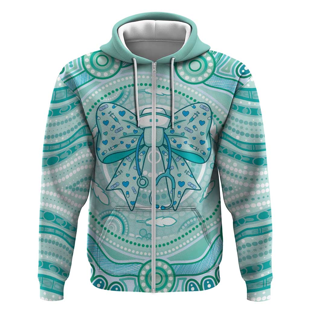 Aussie Nurse Personalised Zip Hoodie Turquoise Stethoscope Coquette Bow Aboriginal Dot Art