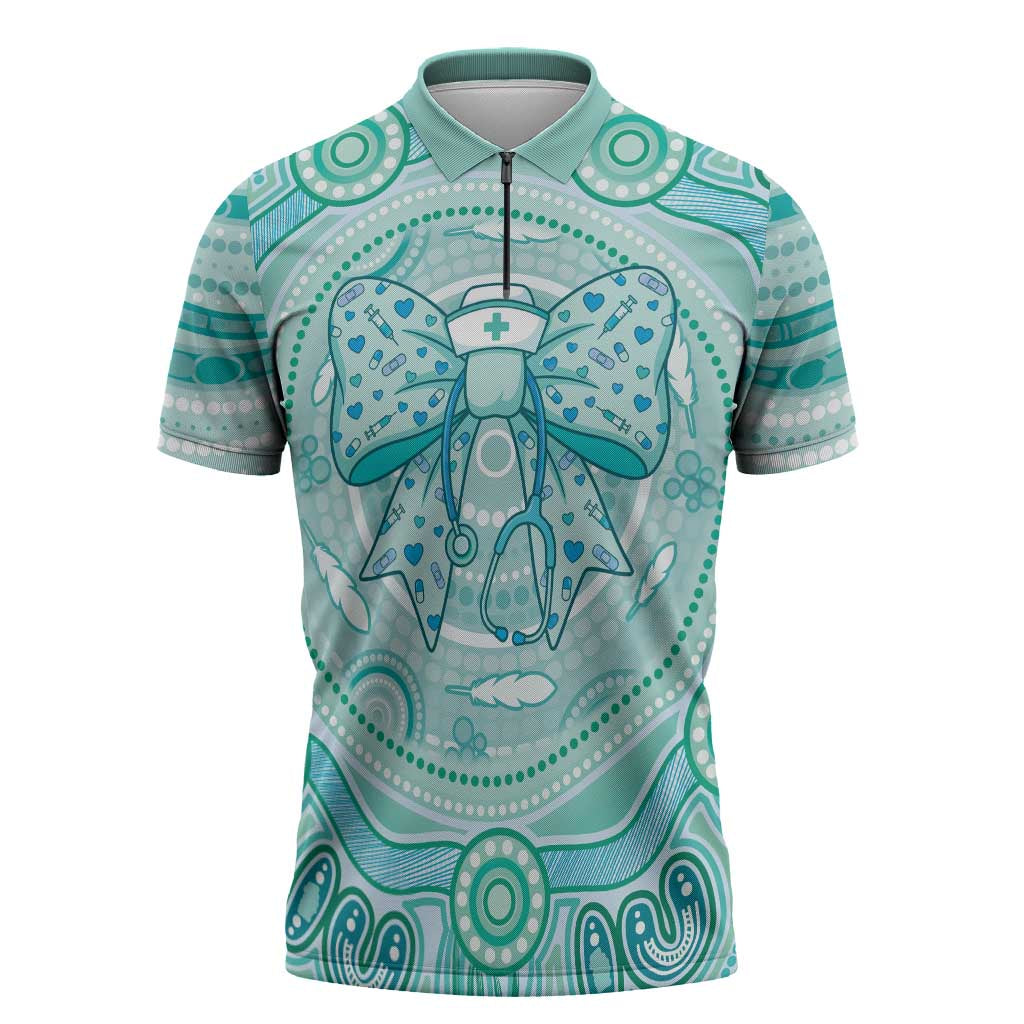 Aussie Nurse Personalised Zipper Polo Shirt Turquoise Stethoscope Coquette Bow Aboriginal Dot Art