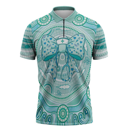 Aussie Nurse Personalised Zipper Polo Shirt Turquoise Stethoscope Coquette Bow Aboriginal Dot Art