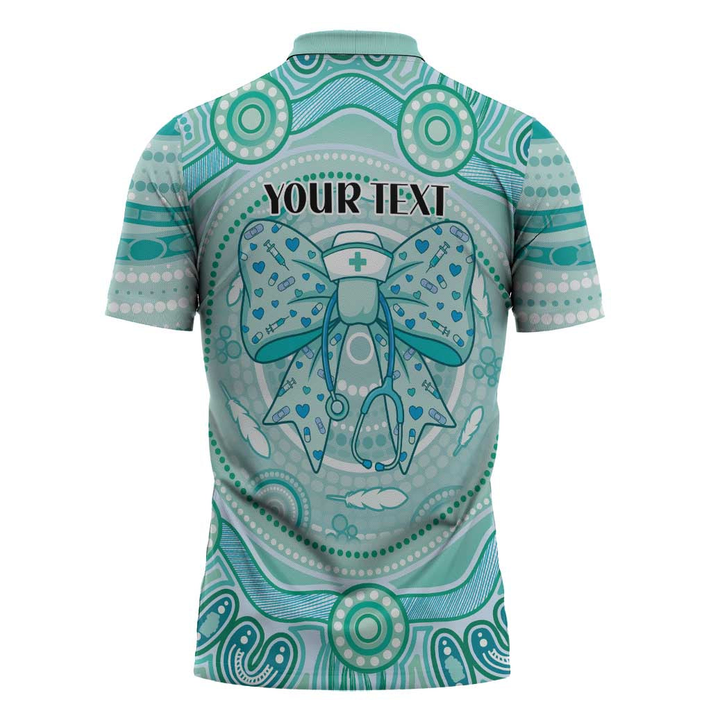 Aussie Nurse Personalised Zipper Polo Shirt Turquoise Stethoscope Coquette Bow Aboriginal Dot Art