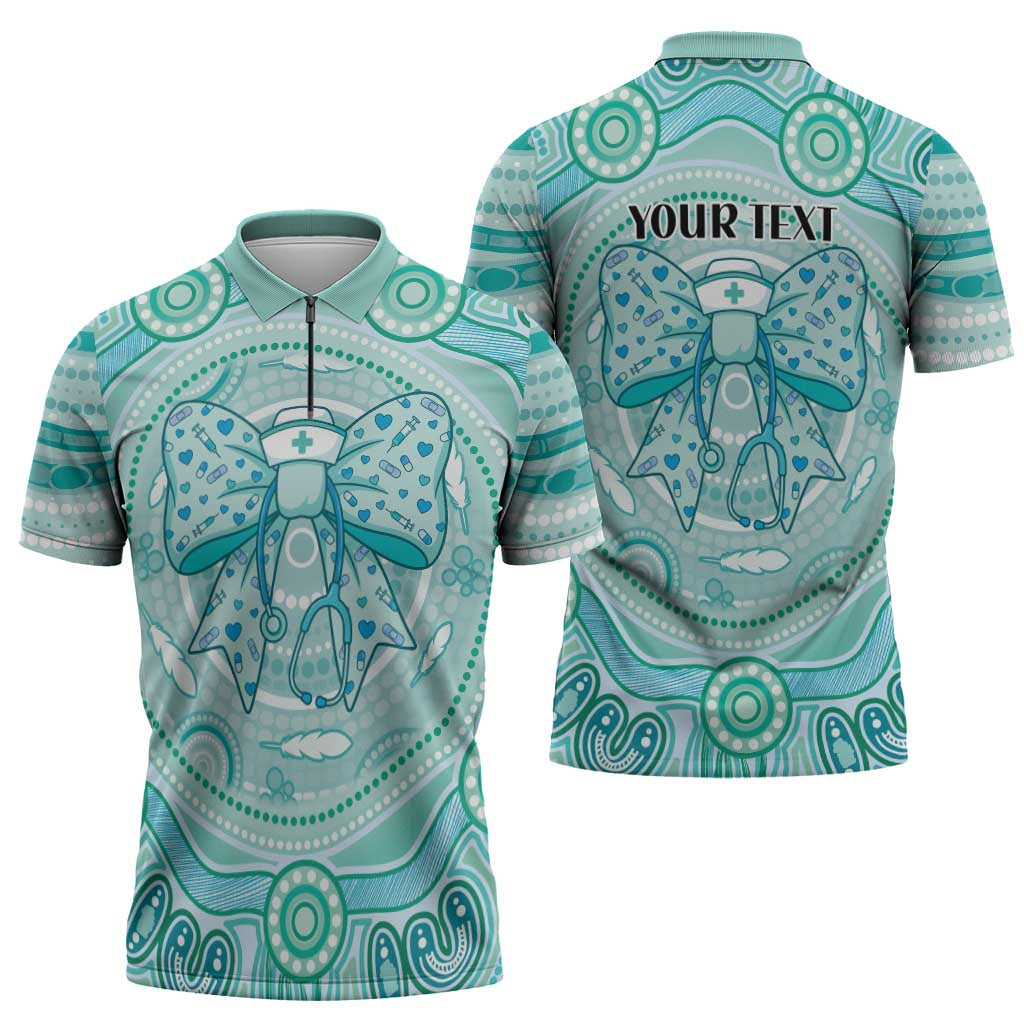 Aussie Nurse Personalised Zipper Polo Shirt Turquoise Stethoscope Coquette Bow Aboriginal Dot Art