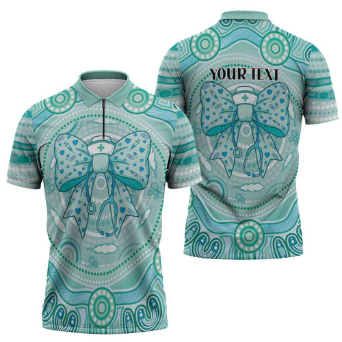 Aussie Nurse Personalised Zipper Polo Shirt Turquoise Stethoscope Coquette Bow Aboriginal Dot Art