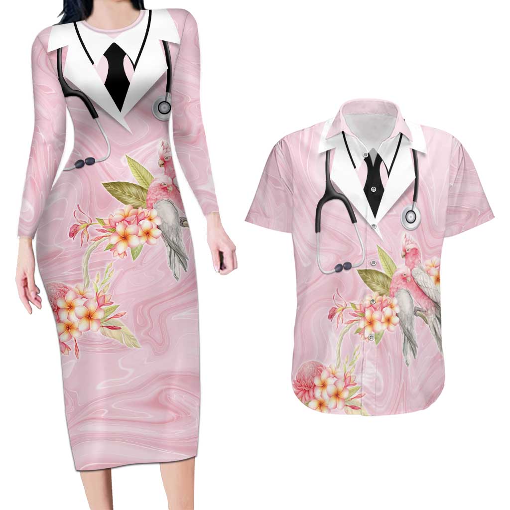 Aussie Nurse RN Pink Cockatoo Couples Matching Long Sleeve Bodycon Dress and Hawaiian Shirt