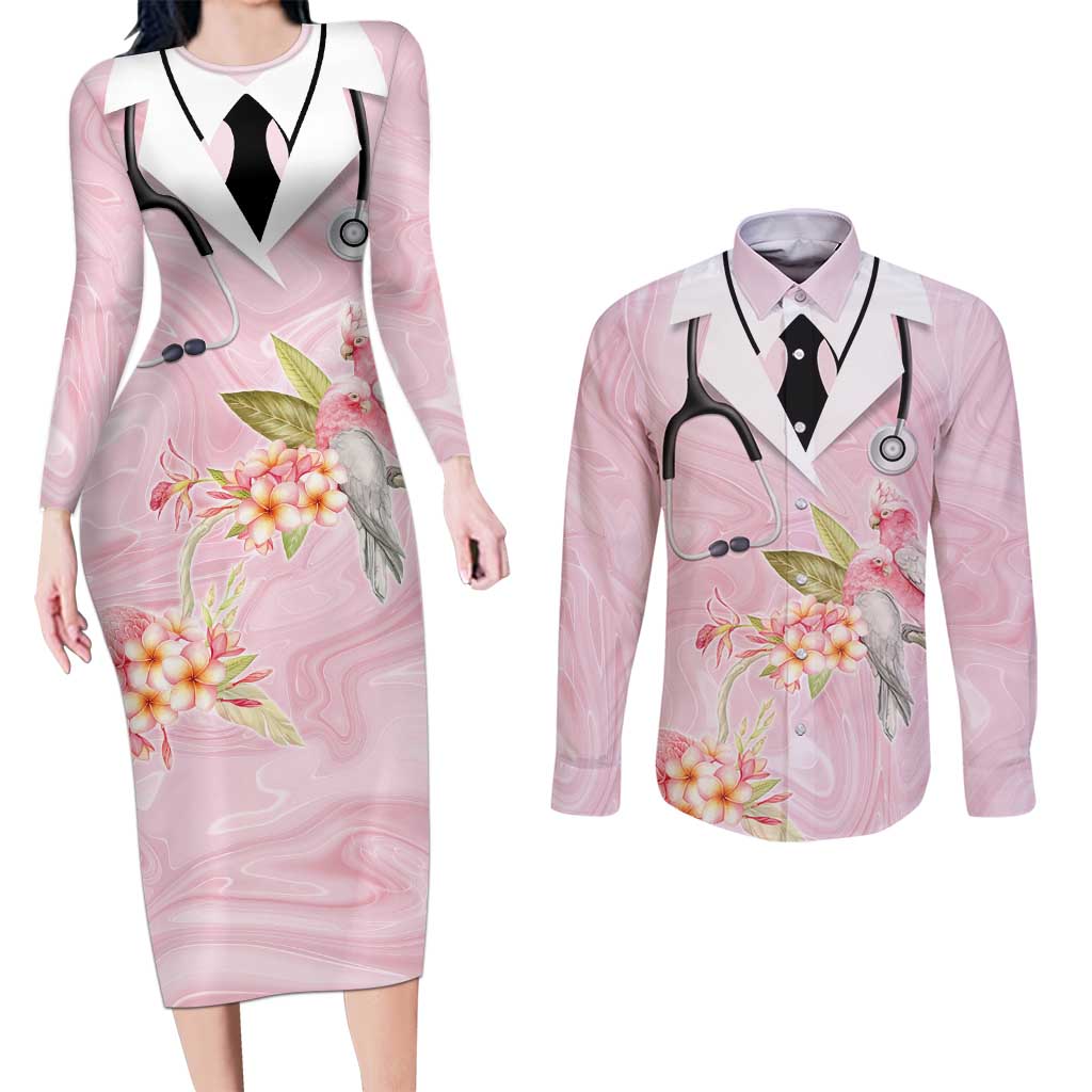 Aussie Nurse RN Pink Cockatoo Couples Matching Long Sleeve Bodycon Dress and Long Sleeve Button Shirt