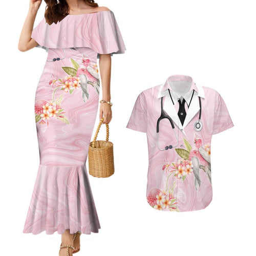 Aussie Nurse RN Pink Cockatoo Couples Matching Mermaid Dress and Hawaiian Shirt