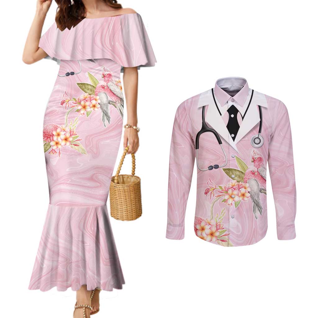 Aussie Nurse RN Pink Cockatoo Couples Matching Mermaid Dress and Long Sleeve Button Shirt