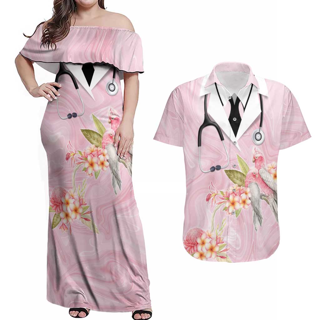 Aussie Nurse RN Pink Cockatoo Couples Matching Off Shoulder Maxi Dress and Hawaiian Shirt