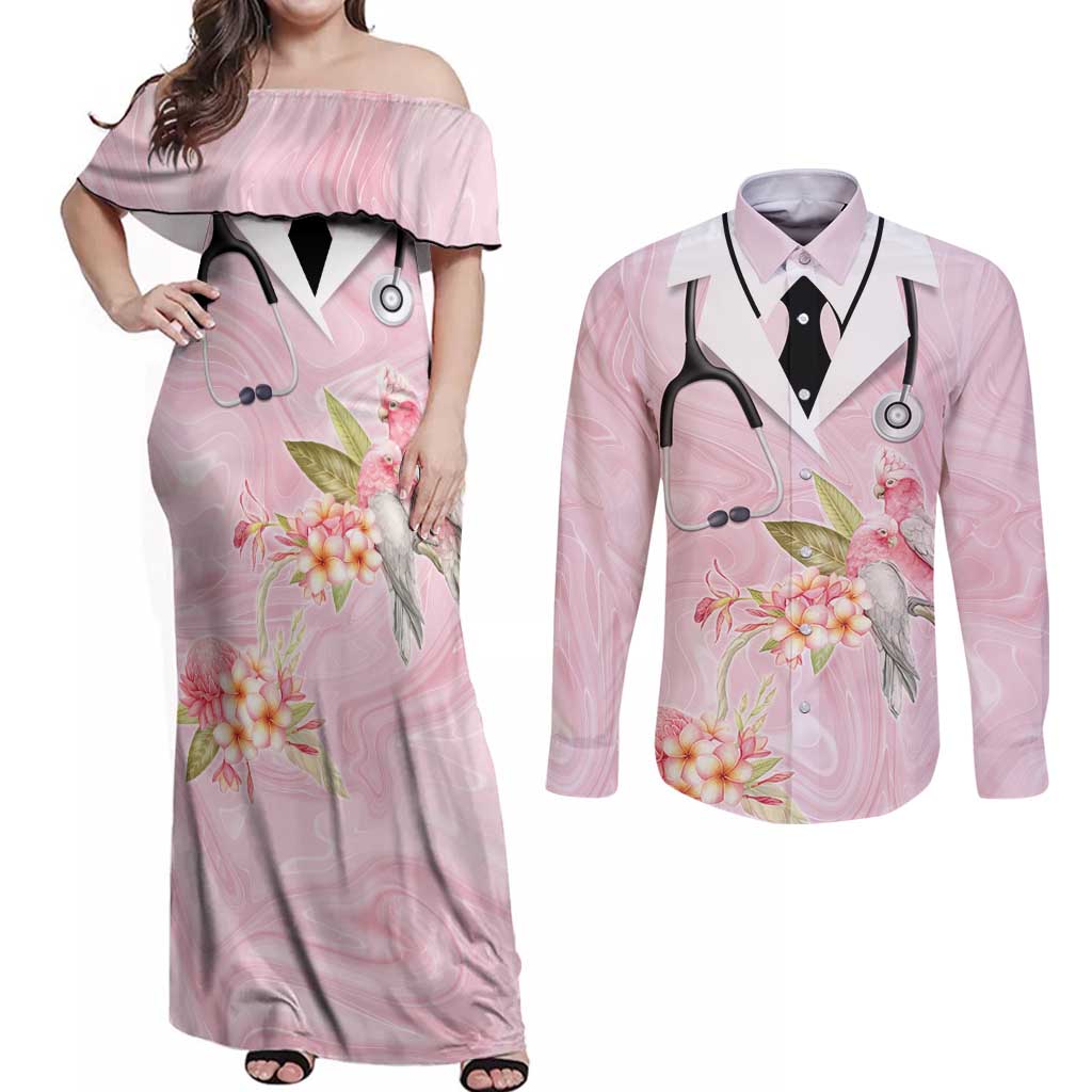 Aussie Nurse RN Pink Cockatoo Couples Matching Off Shoulder Maxi Dress and Long Sleeve Button Shirt