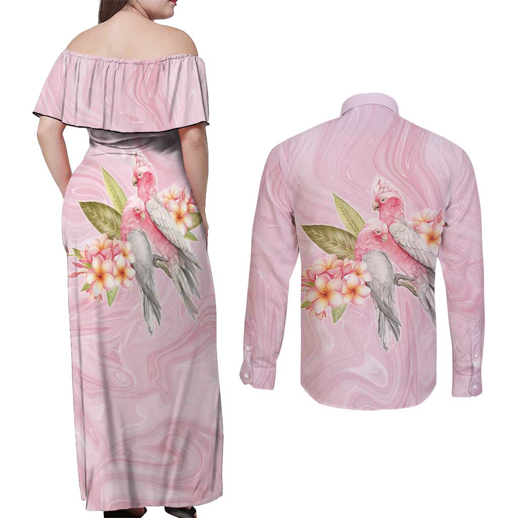 Aussie Nurse RN Pink Cockatoo Couples Matching Off Shoulder Maxi Dress and Long Sleeve Button Shirt
