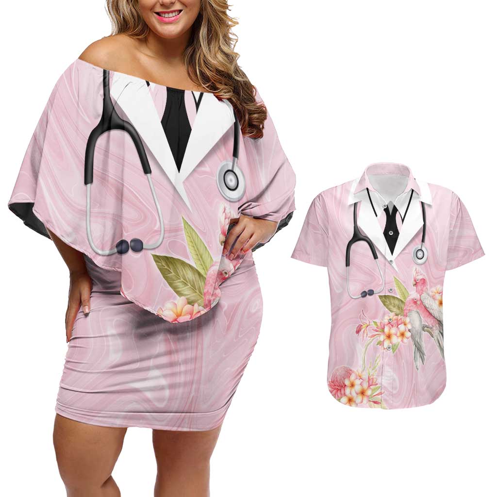 Aussie Nurse RN Pink Cockatoo Couples Matching Off Shoulder Short Dress and Hawaiian Shirt