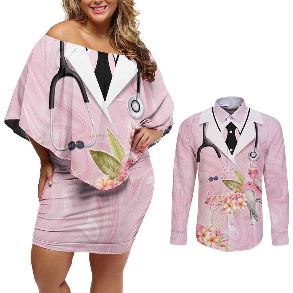 Aussie Nurse RN Pink Cockatoo Couples Matching Off Shoulder Short Dress and Long Sleeve Button Shirt
