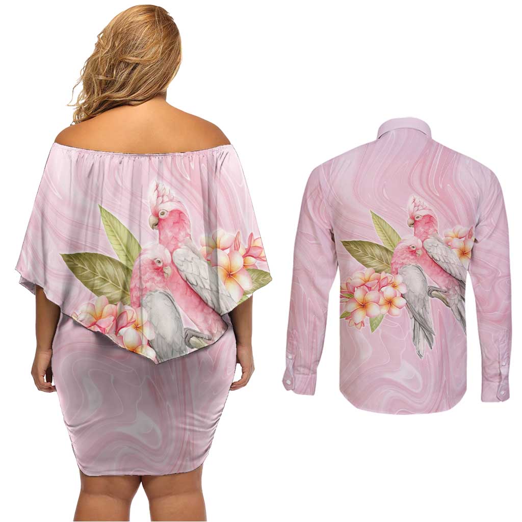 Aussie Nurse RN Pink Cockatoo Couples Matching Off Shoulder Short Dress and Long Sleeve Button Shirt