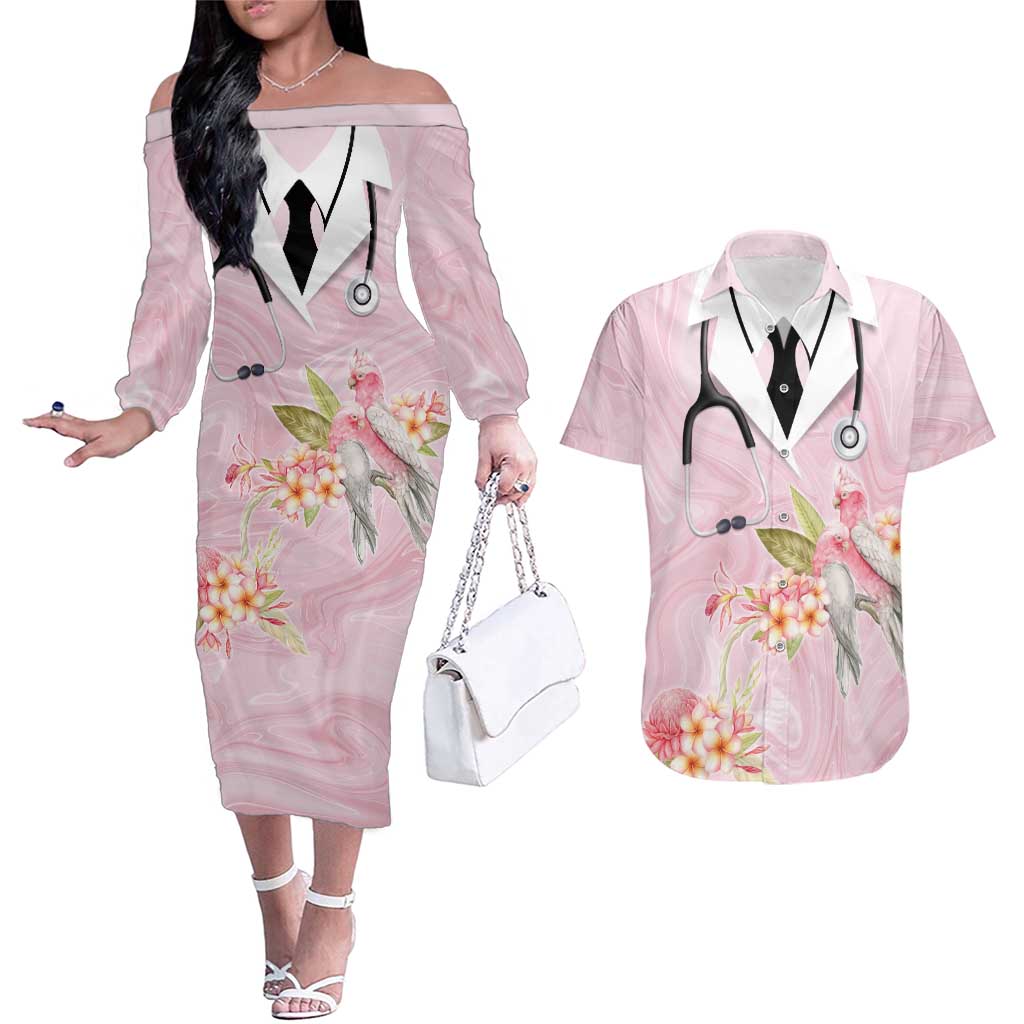 Aussie Nurse RN Pink Cockatoo Couples Matching Off The Shoulder Long Sleeve Dress and Hawaiian Shirt