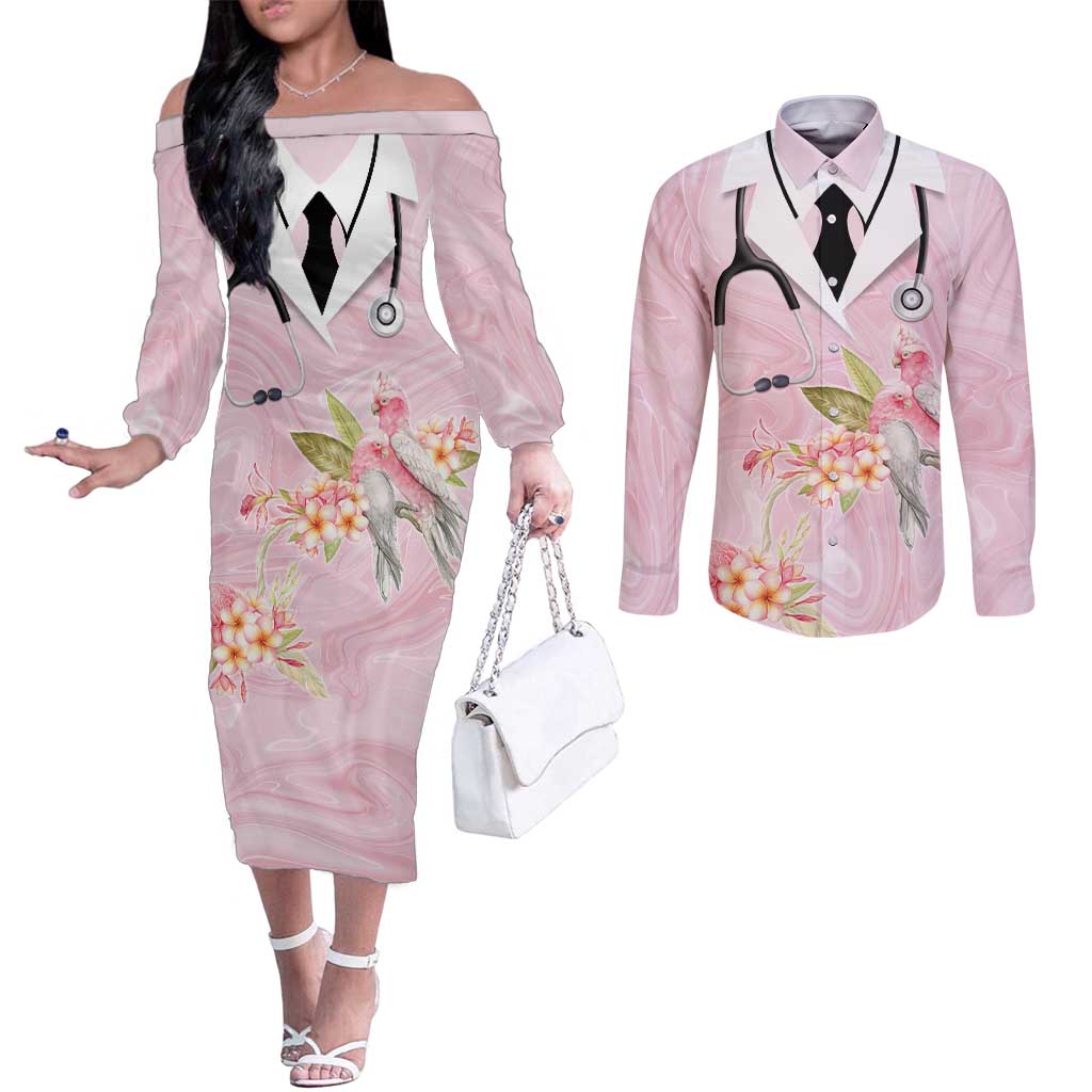 Aussie Nurse RN Pink Cockatoo Couples Matching Off The Shoulder Long Sleeve Dress and Long Sleeve Button Shirt