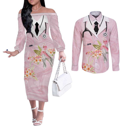 Aussie Nurse RN Pink Cockatoo Couples Matching Off The Shoulder Long Sleeve Dress and Long Sleeve Button Shirt