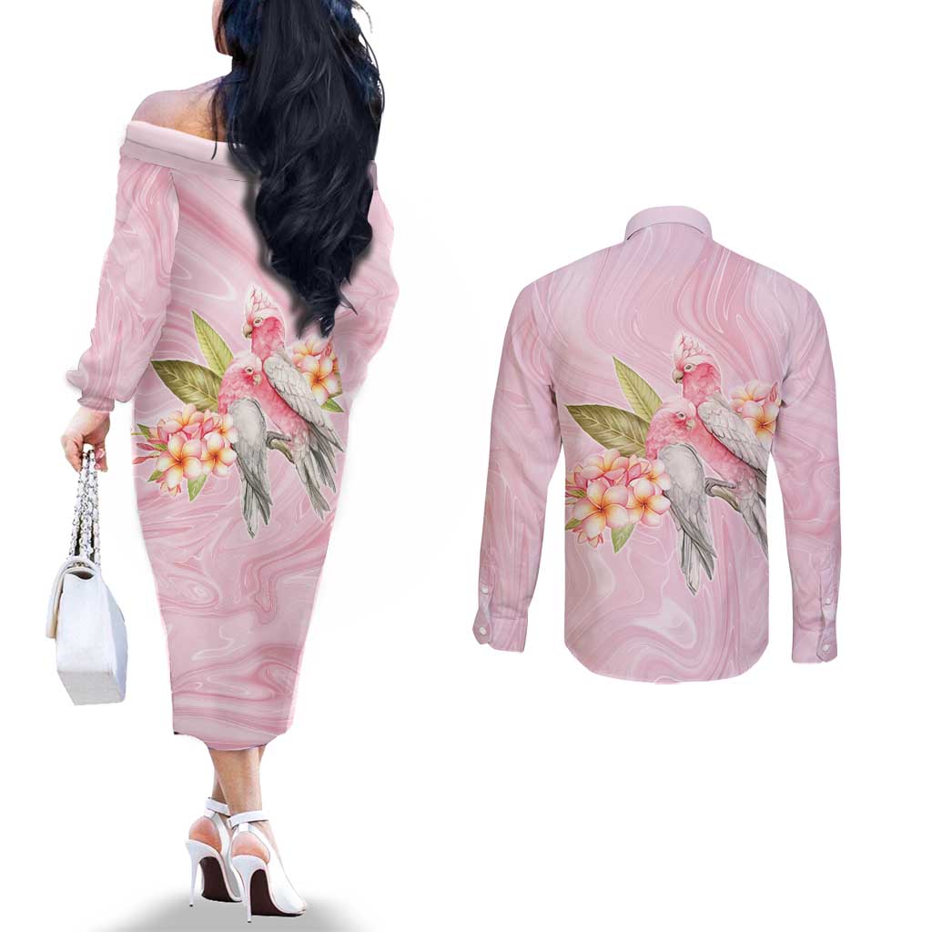 Aussie Nurse RN Pink Cockatoo Couples Matching Off The Shoulder Long Sleeve Dress and Long Sleeve Button Shirt