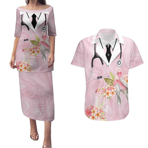 Aussie Nurse RN Pink Cockatoo Couples Matching Puletasi and Hawaiian Shirt