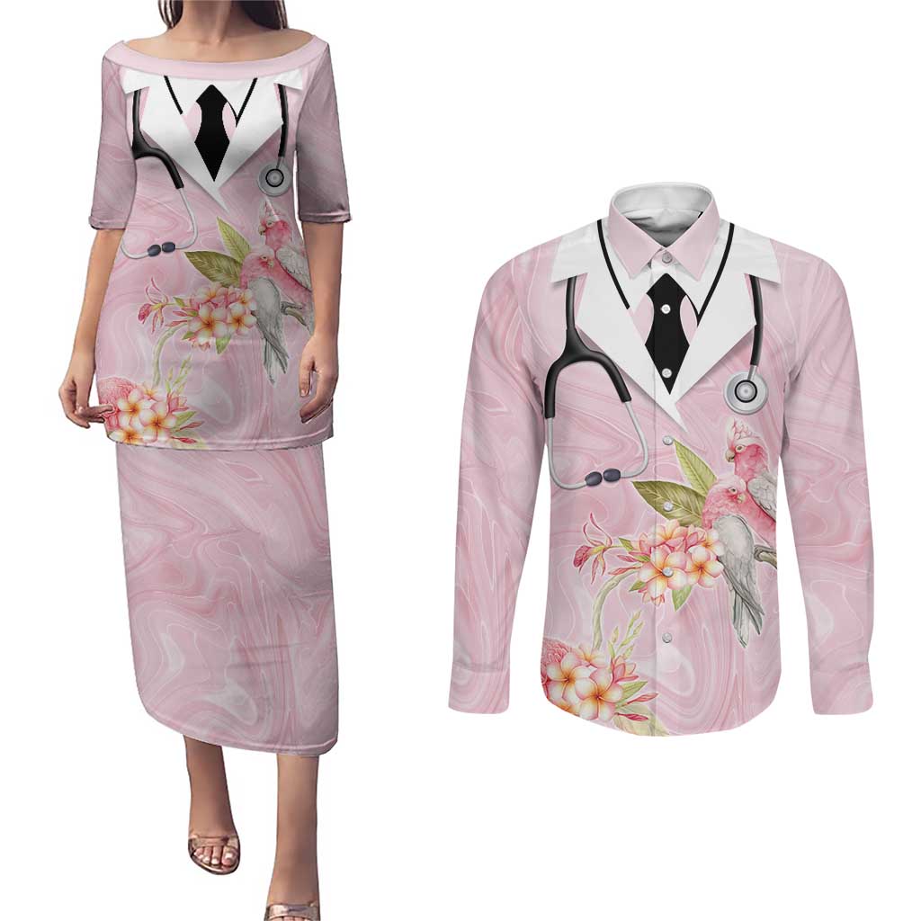 Aussie Nurse RN Pink Cockatoo Couples Matching Puletasi and Long Sleeve Button Shirt