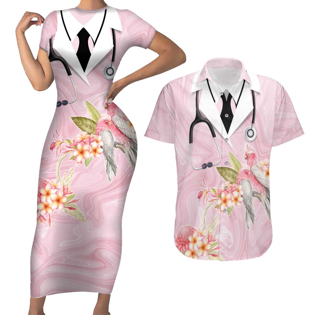 Aussie Nurse RN Pink Cockatoo Couples Matching Short Sleeve Bodycon Dress and Hawaiian Shirt