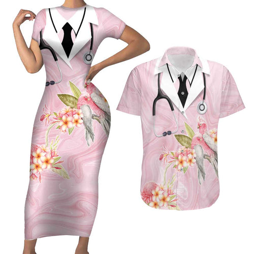 Aussie Nurse RN Pink Cockatoo Couples Matching Short Sleeve Bodycon Dress and Hawaiian Shirt