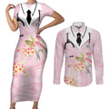 Aussie Nurse RN Pink Cockatoo Couples Matching Short Sleeve Bodycon Dress and Long Sleeve Button Shirt