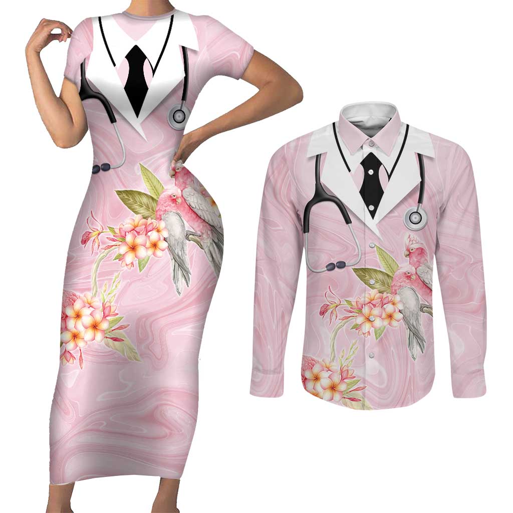 Aussie Nurse RN Pink Cockatoo Couples Matching Short Sleeve Bodycon Dress and Long Sleeve Button Shirt