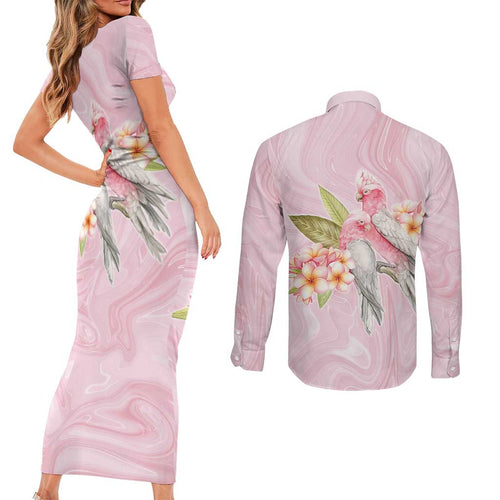 Aussie Nurse RN Pink Cockatoo Couples Matching Short Sleeve Bodycon Dress and Long Sleeve Button Shirt