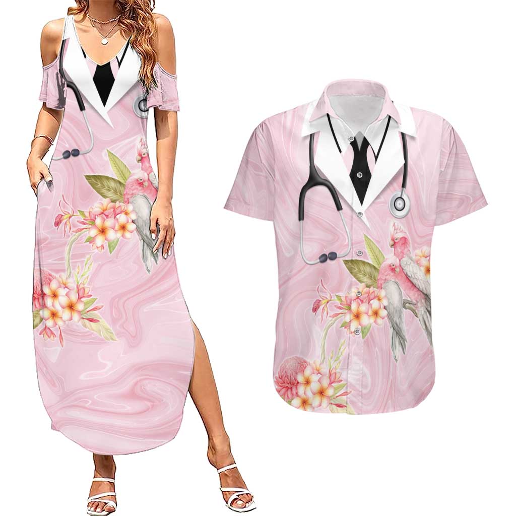 Aussie Nurse RN Pink Cockatoo Couples Matching Summer Maxi Dress and Hawaiian Shirt