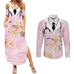 Aussie Nurse RN Pink Cockatoo Couples Matching Summer Maxi Dress and Long Sleeve Button Shirt