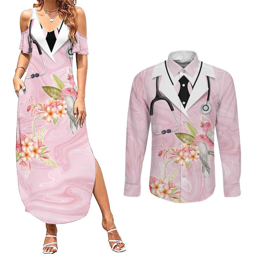 Aussie Nurse RN Pink Cockatoo Couples Matching Summer Maxi Dress and Long Sleeve Button Shirt
