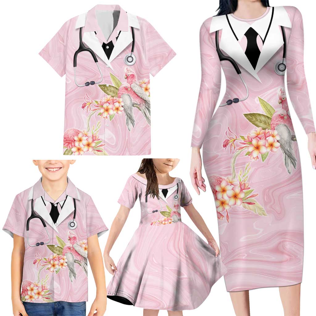 Aussie Nurse RN Pink Cockatoo Family Matching Long Sleeve Bodycon Dress and Hawaiian Shirt