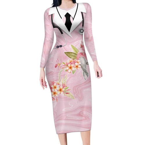 Aussie Nurse RN Pink Cockatoo Family Matching Long Sleeve Bodycon Dress and Hawaiian Shirt
