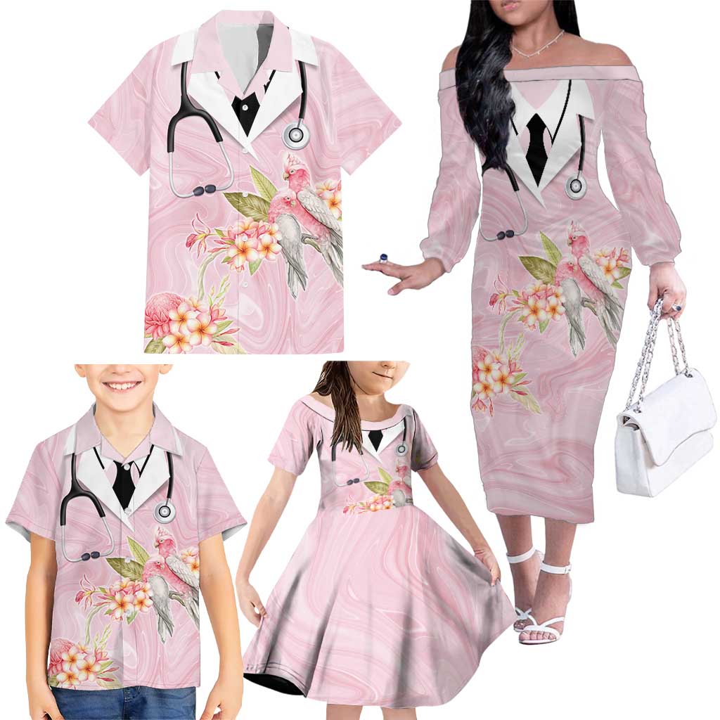 Aussie Nurse RN Pink Cockatoo Family Matching Off The Shoulder Long Sleeve Dress and Hawaiian Shirt