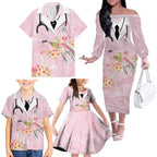 Aussie Nurse RN Pink Cockatoo Family Matching Off The Shoulder Long Sleeve Dress and Hawaiian Shirt