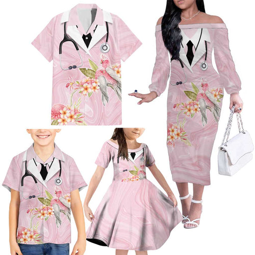 Aussie Nurse RN Pink Cockatoo Family Matching Off The Shoulder Long Sleeve Dress and Hawaiian Shirt