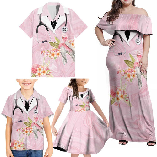 Aussie Nurse RN Pink Cockatoo Family Matching Off Shoulder Maxi Dress and Hawaiian Shirt