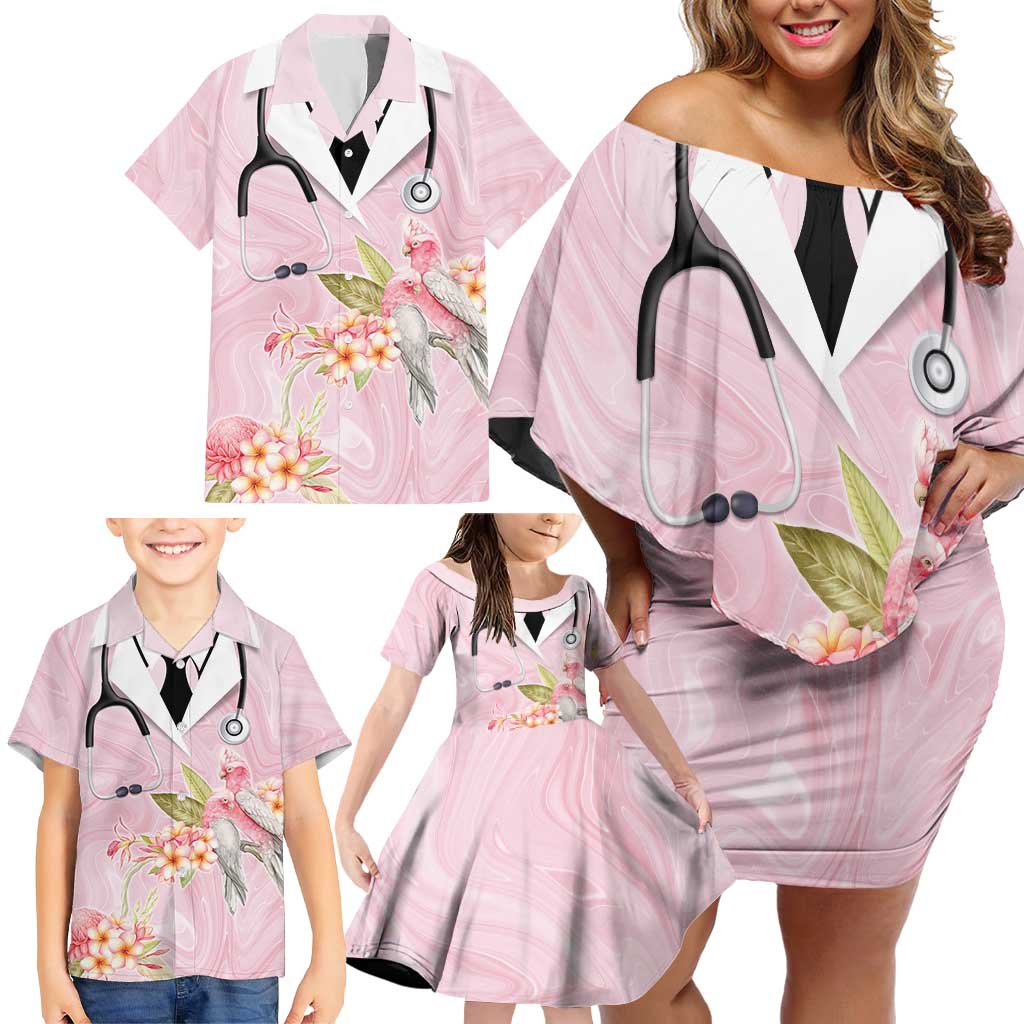 Aussie Nurse RN Pink Cockatoo Family Matching Off Shoulder Short Dress and Hawaiian Shirt