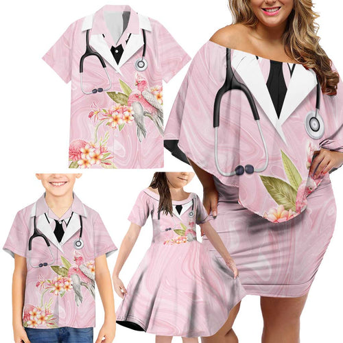 Aussie Nurse RN Pink Cockatoo Family Matching Off Shoulder Short Dress and Hawaiian Shirt