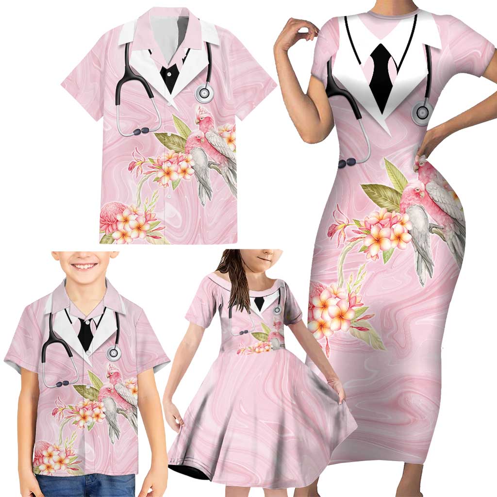 Aussie Nurse RN Pink Cockatoo Family Matching Short Sleeve Bodycon Dress and Hawaiian Shirt