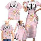 Aussie Nurse RN Pink Cockatoo Family Matching Short Sleeve Bodycon Dress and Hawaiian Shirt